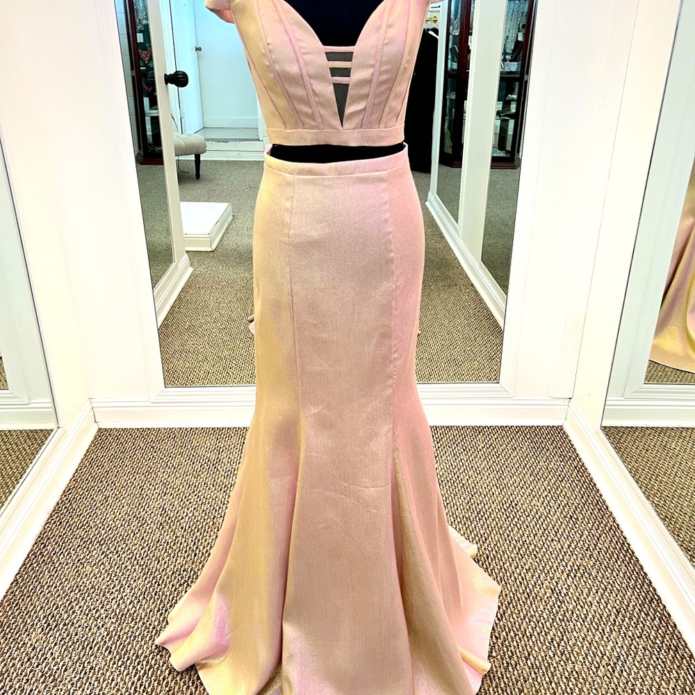 Val Stefani Prom #3491RB size 10 Pink 2 Piece Iridescent Mikado Mermaid